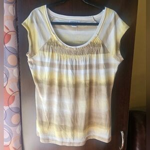 Liz Claiborne Yellow and Brown Striped Short Sleeve Top Size Large